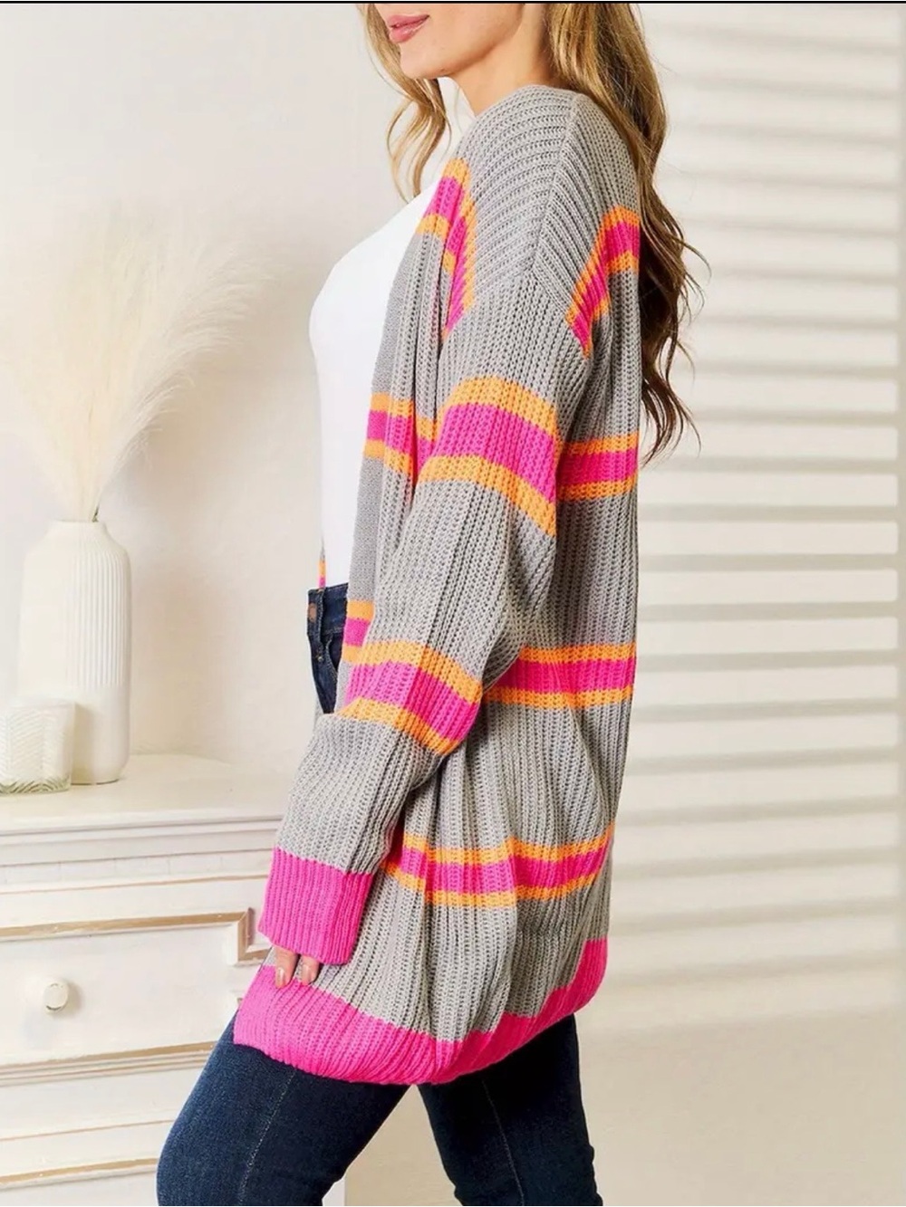 Gray Open-Front Cardigan with Pink & Yellow Stripes